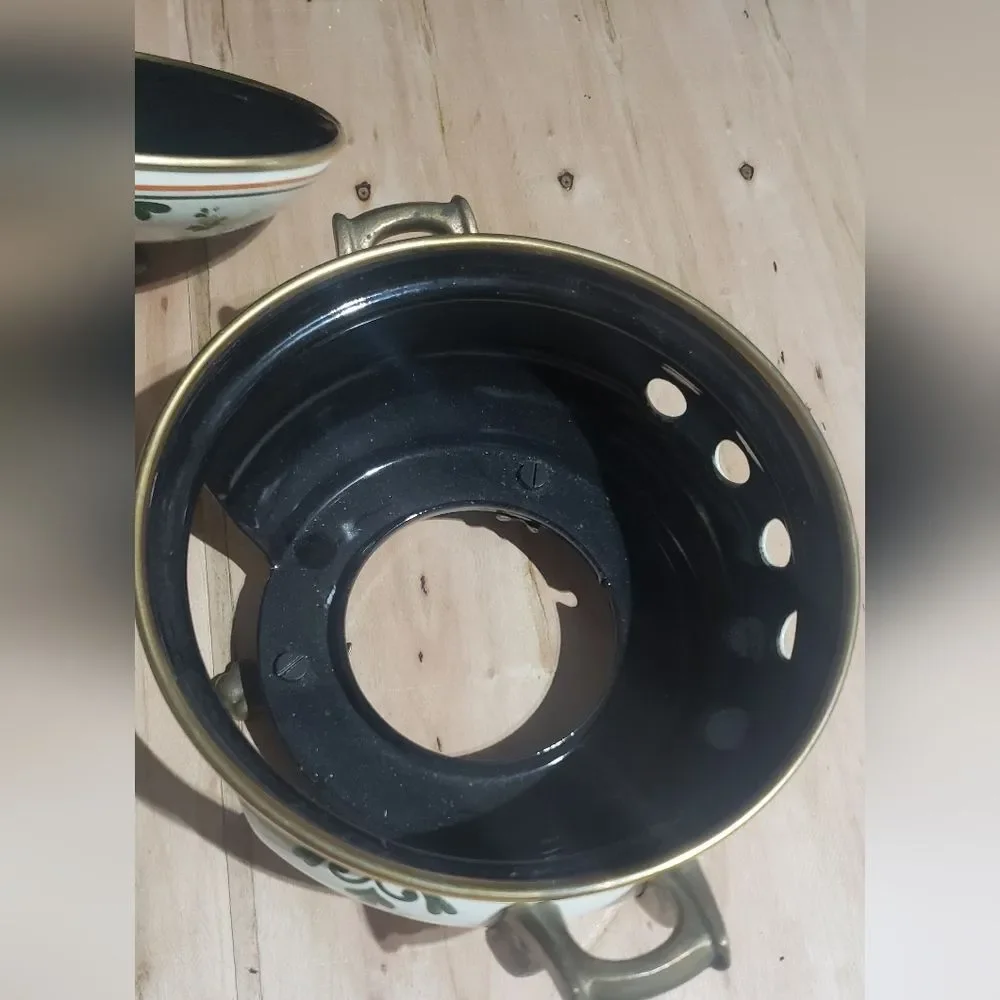 Vintage Fissler Asta Old Amsterdam Pattern Enamelware Warmer Brass Handles